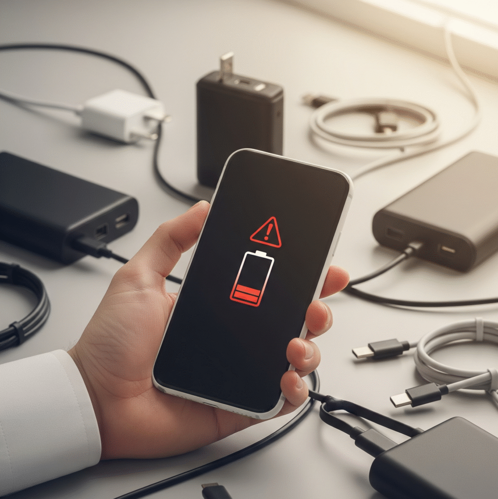 دست در حال بررسی صفحه گوشی با آیکونهای خطا، آموزش مشکلات گوشی