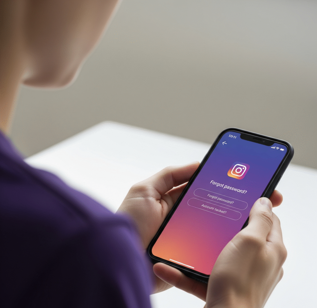 فردی در حال تلاش برای بازیابی پیج اینستاگرام با گوشی